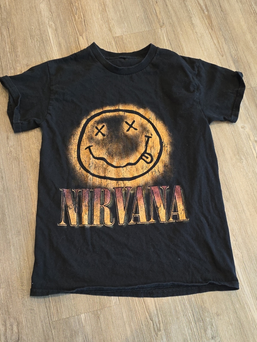 NIRVANA Black Tee with Yellow/Orange Smiley Graphic